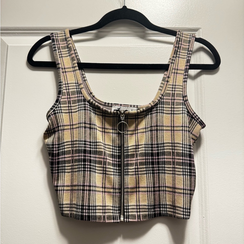 Hollister Plaid Zip-Up Tank Top - Cream and Black